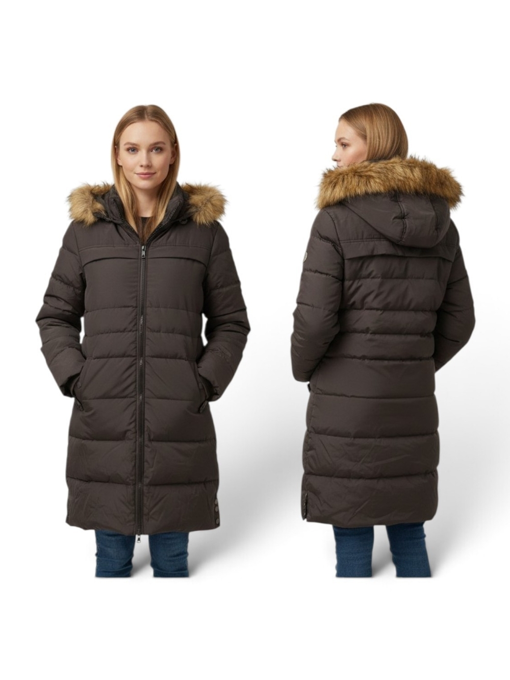 Long Quilted Puffer Coat with Faux-Fur Hood - Black